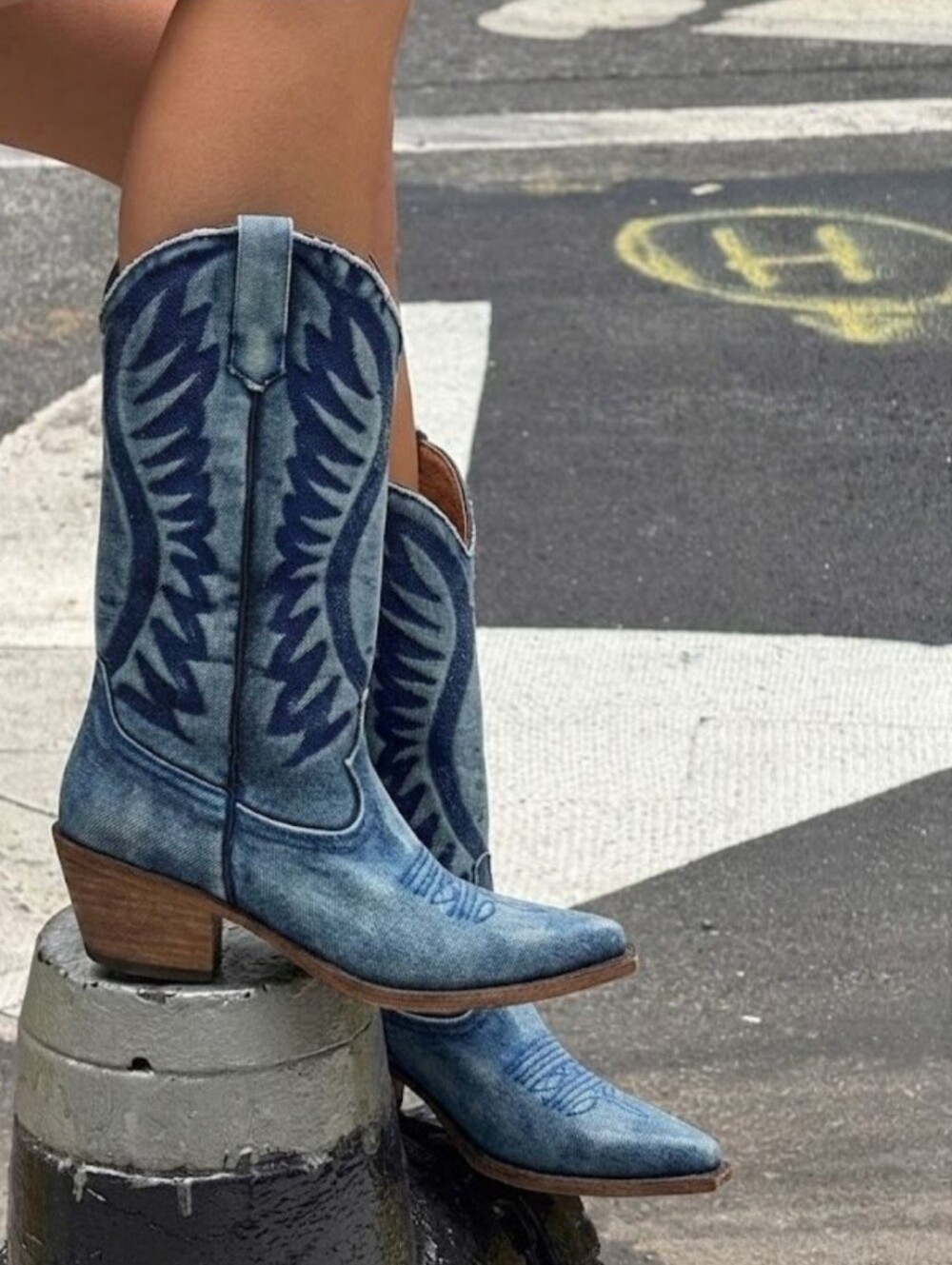 Steve Madden Western Boots 7 Blue Denim Albany Embroidered Cowgirl Rodeo New$180